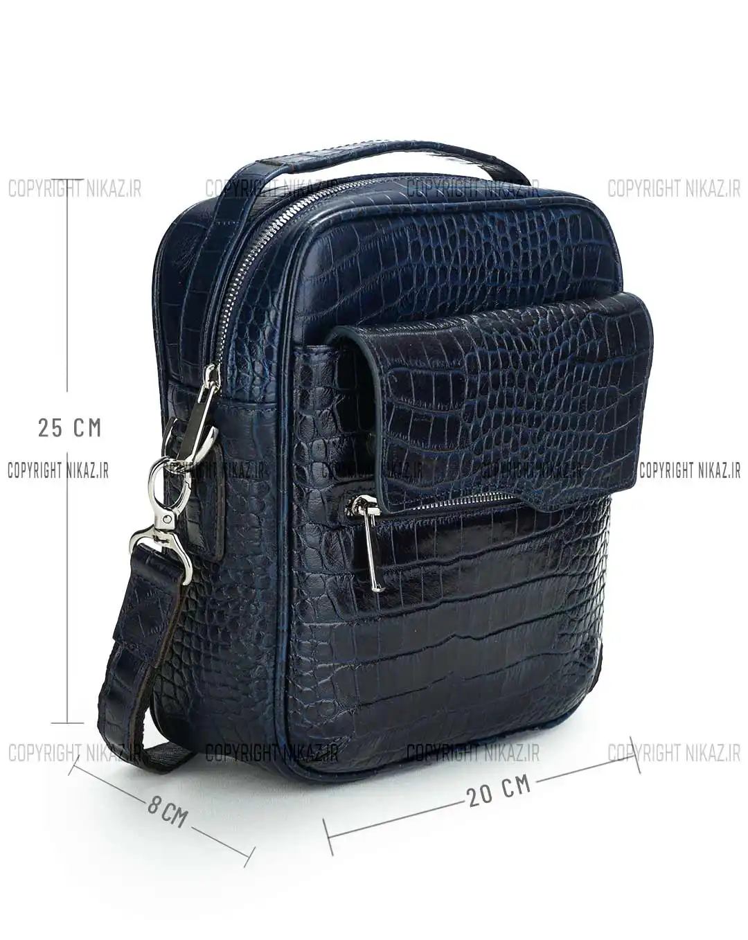 کیف دوشی مردانه چرم طبیعی مدل سامین کد 1555 رودوشی رنگ سرمه ای و جنس چرم کرکوکدیل گاوی اصل و بند قابل تنظیم به همراه گارانتی فروشگاه