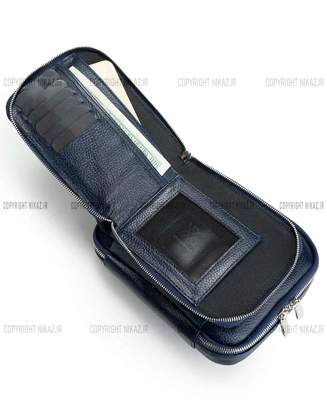 کیف دوشی مردانه چرم طبیعی مدل کاوه کد 1558 رودوشی رنگ سرمه ای و جنس چرم فلوتر گاوی و بند قابل تنظیم و مناسب برای نگهداری مدارک