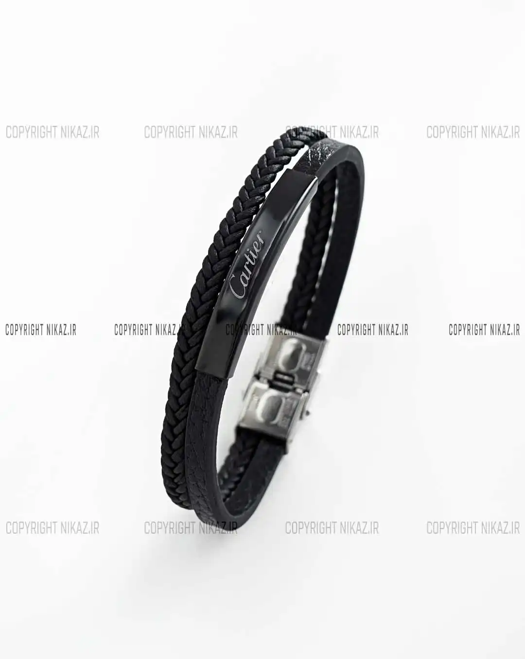 دستبند دولاینه چرم مردانه مدل کارتیر CARTIER کد 1422 جنس چرم درجه 1 و دولایه چرم و رنگ مشکی و حک برند رولکس روی لوگو و دارای قفل ضامن دار