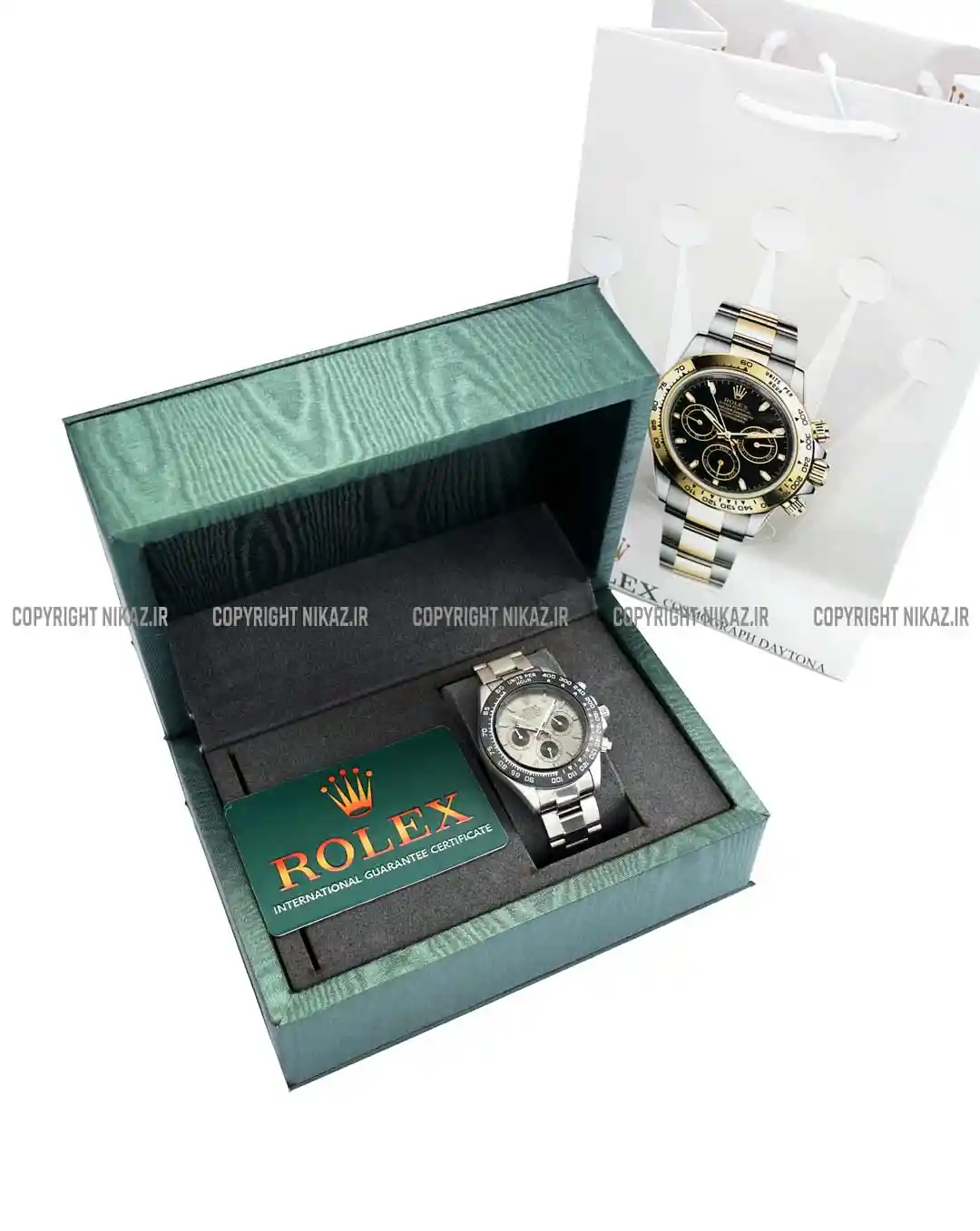 خرید ساعت مچی مردانه رولکس ROLEX مدل DAYTONA کد 1046 دیتونا OYESTER سه موتوره بهترین قیمت بند استیل نقره ای و صفحه بژ