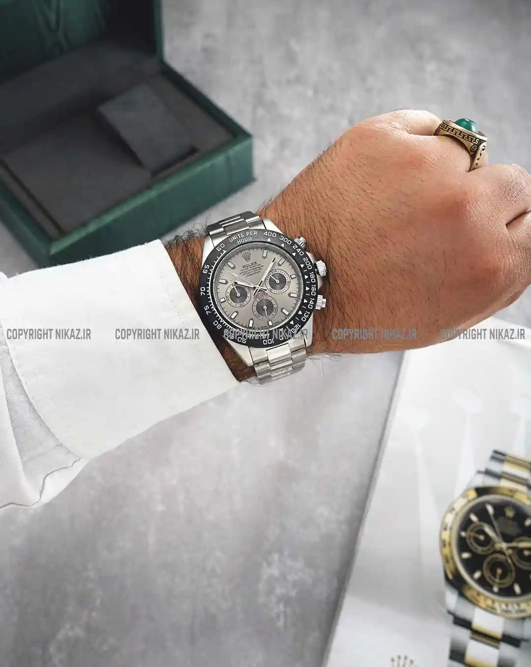 خرید ساعت مچی مردانه رولکس ROLEX مدل DAYTONA کد 1046 دیتونا OYESTER سه موتوره بهترین قیمت بند استیل نقره ای و صفحه بژ