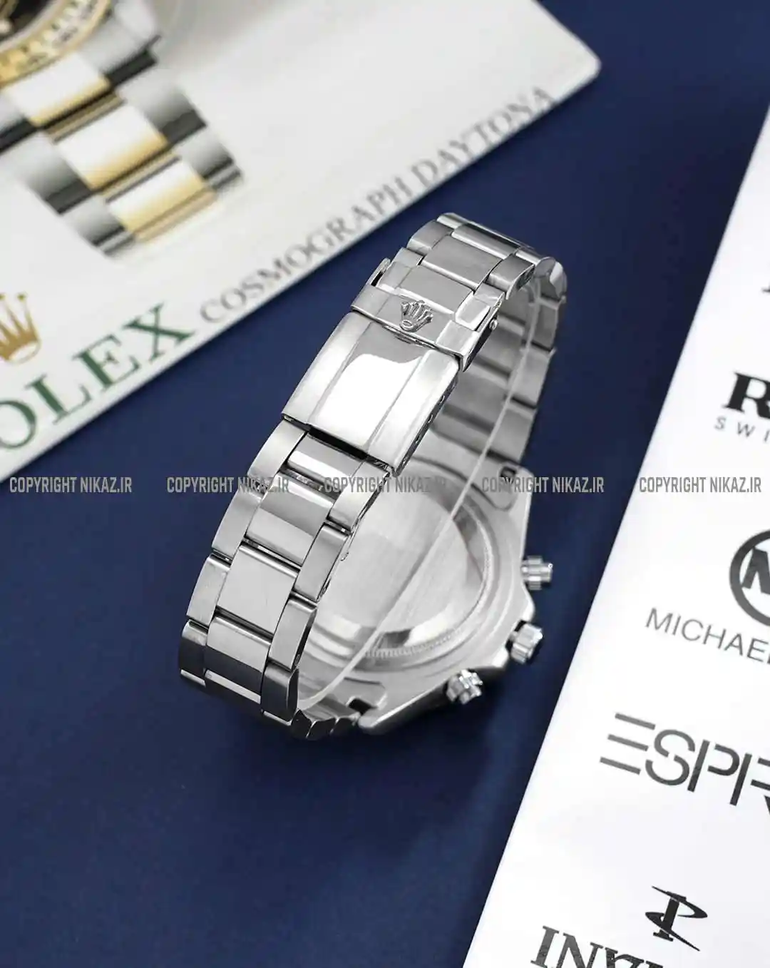 خرید ساعت مچی مردانه رولکس ROLEX مدل DAYTONA کد 1046 دیتونا OYESTER سه موتوره بهترین قیمت بند استیل نقره ای و صفحه بژ