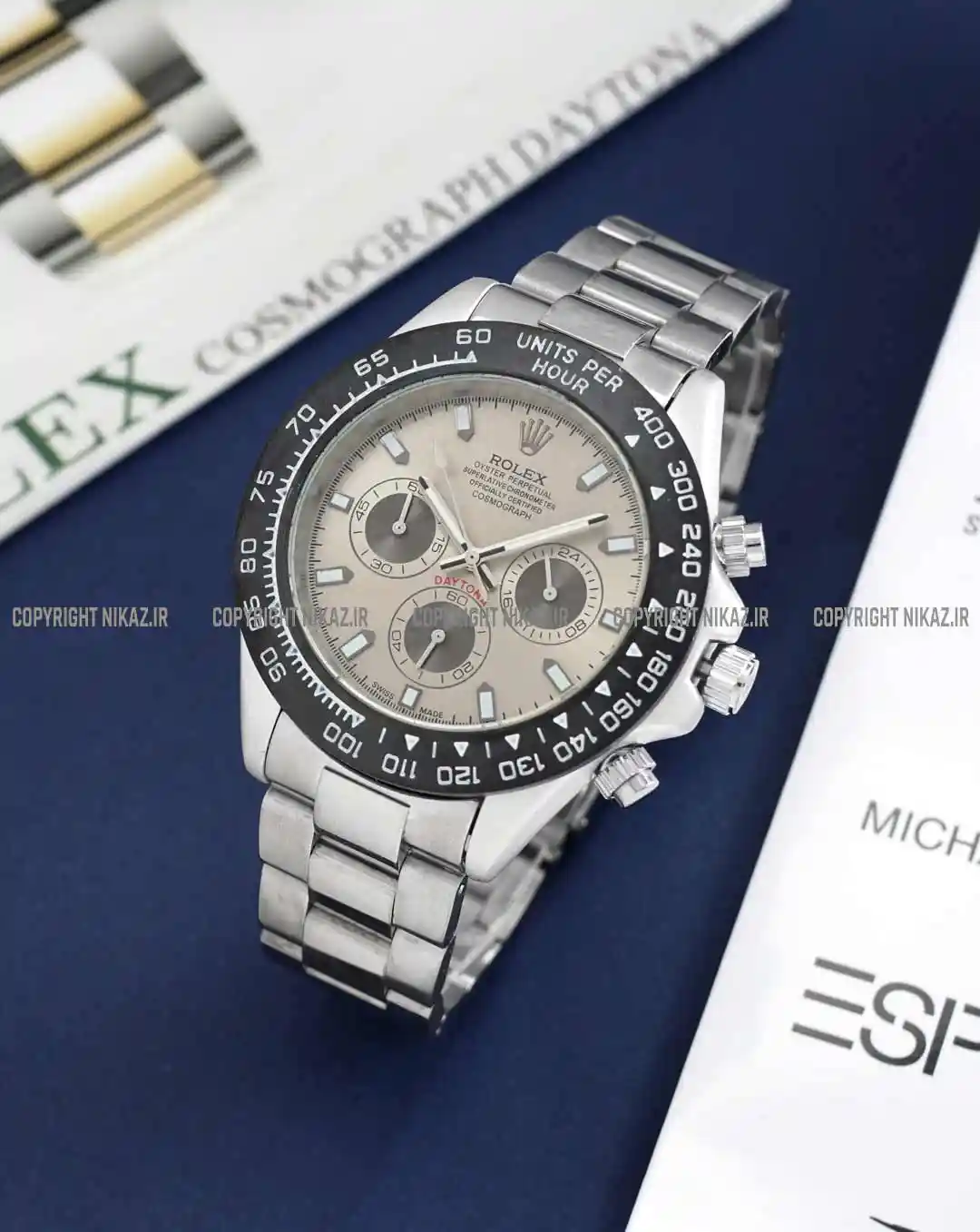 خرید ساعت مچی مردانه رولکس ROLEX مدل DAYTONA کد 1046 دیتونا OYESTER سه موتوره بهترین قیمت بند استیل نقره ای و صفحه بژ