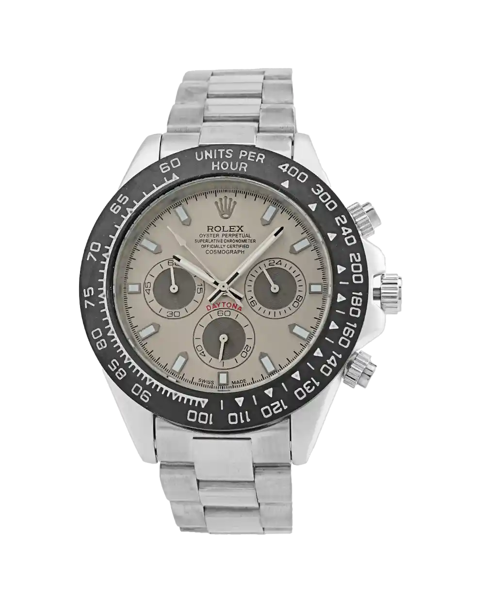 خرید ساعت مچی مردانه رولکس ROLEX مدل DAYTONA کد 1046 دیتونا OYESTER سه موتوره بهترین قیمت بند استیل نقره ای و صفحه بژ