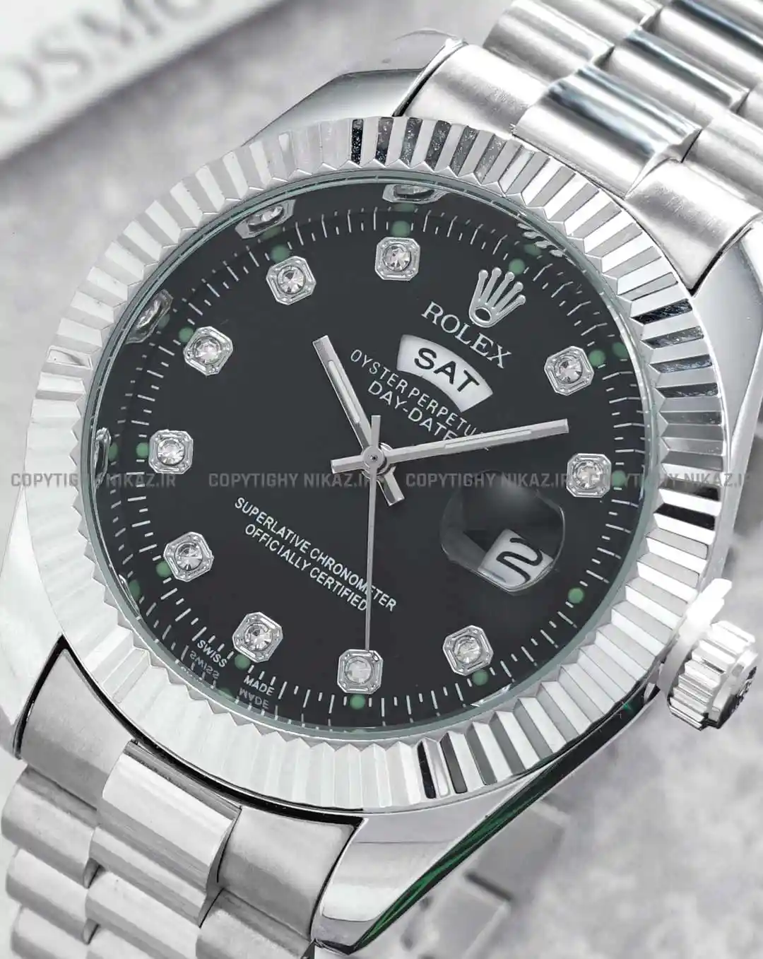 خرید ساعت مچی مردانه رولکس ROLEX مدل DAY DATE کد 1087 بند استیل نقره ای و صفحه مشکی