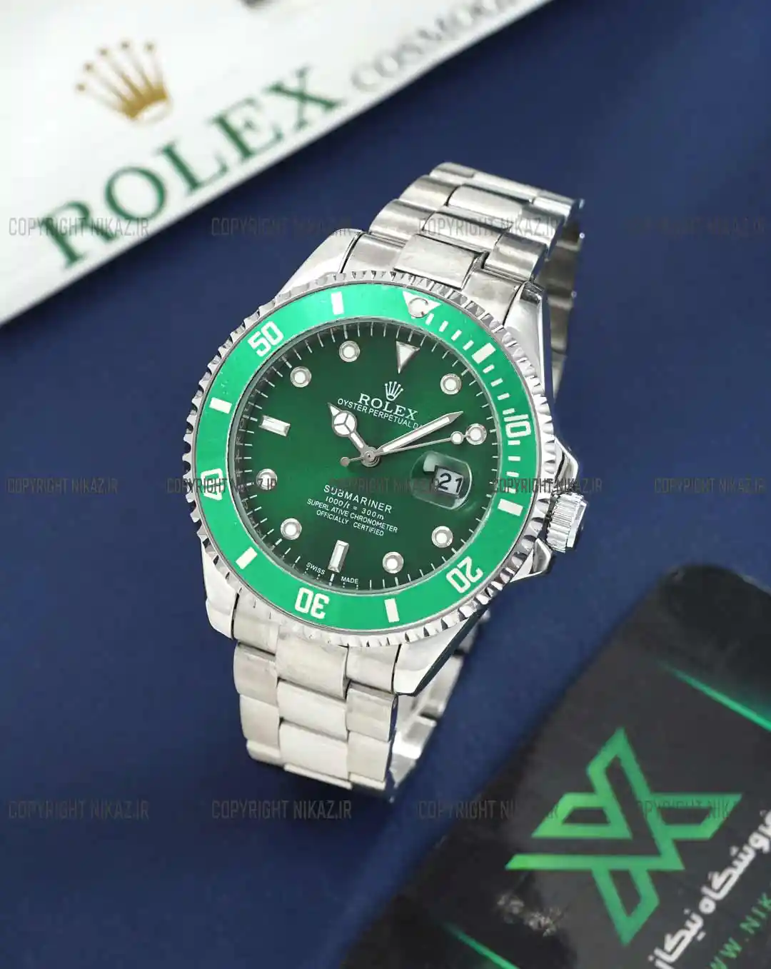 خرید ساعت مچی مردانه رولکس ROLEX مدل ساب مارین کد 1181 کیفیت بالا و بند استیل نقره ای رنگ ثابت و صفحه سبز  مدل SUBMARINER بهترین قیمت به همراه گارانتی