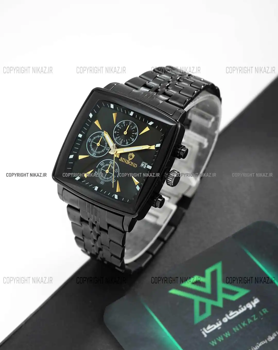 ساعت مچی مردانه بین باند BINBOND مدل صفحه مربعی کد 1609 رنگ مشکی و صفحه مربعی و جنس بدنه استیل رنگ ثابت و سه موتور فعال کرنوگراف