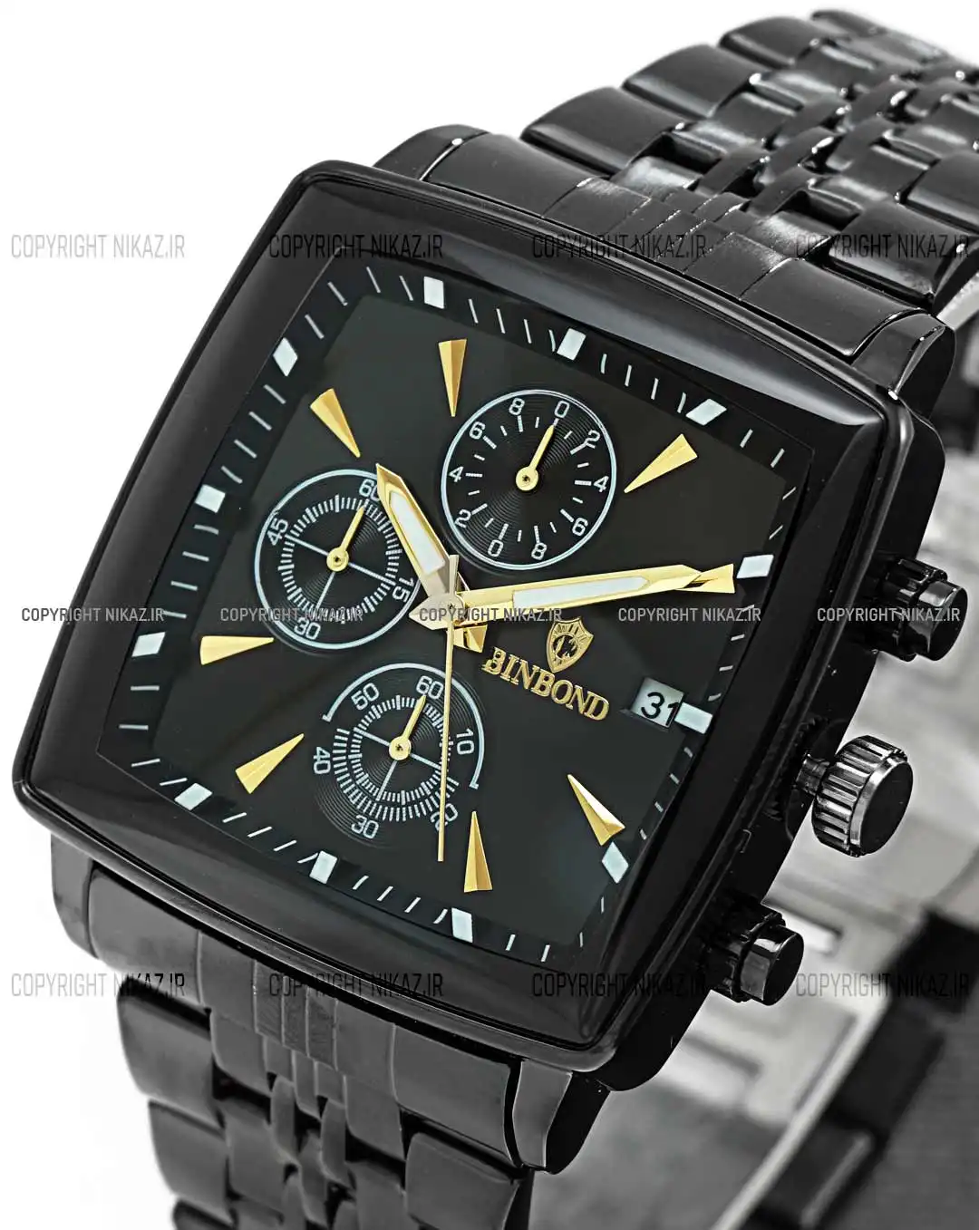 ساعت مچی مردانه بین باند BINBOND مدل صفحه مربعی کد 1609 رنگ مشکی و صفحه مربعی و جنس بدنه استیل رنگ ثابت و سه موتور فعال کرنوگراف