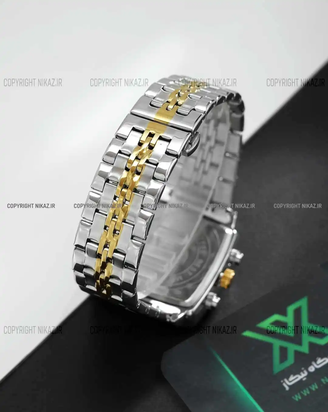 ساعت مچی مردانه بین باند BINBOND مدل صفحه مربعی کد 1612 بند نقره ای طلایی و صفحه مربعی مشکی و جنس استیل رنگ ثابت و سه موتور فعال کرنوگراف