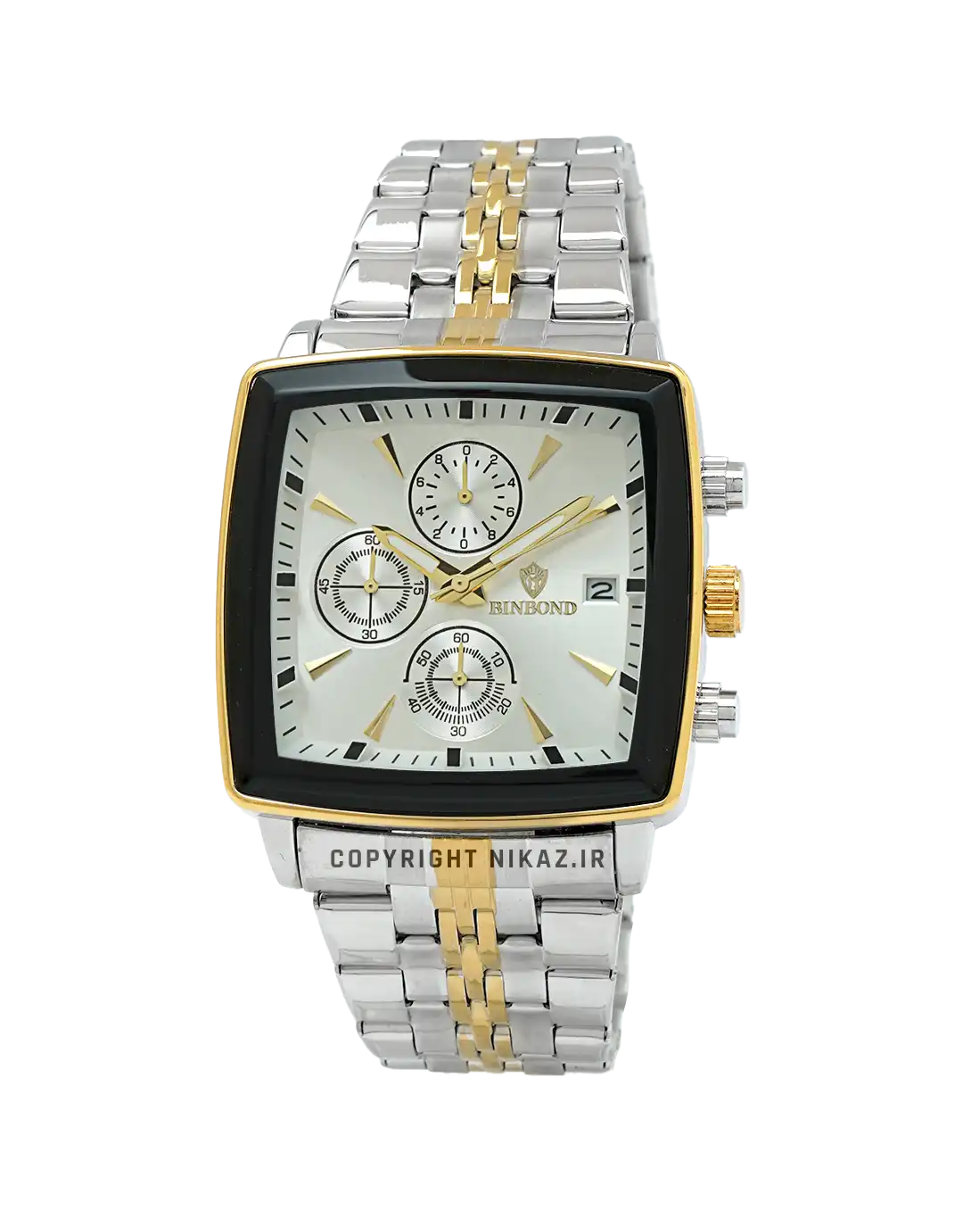 ساعت مچی مردانه بین باند BINBOND مدل صفحه مربعی کد 1613 بند نقره ای طلایی و صفحه مربعی سفید و جنس استیل رنگ ثابت و سه موتور فعال کرنوگراف و اورجینال