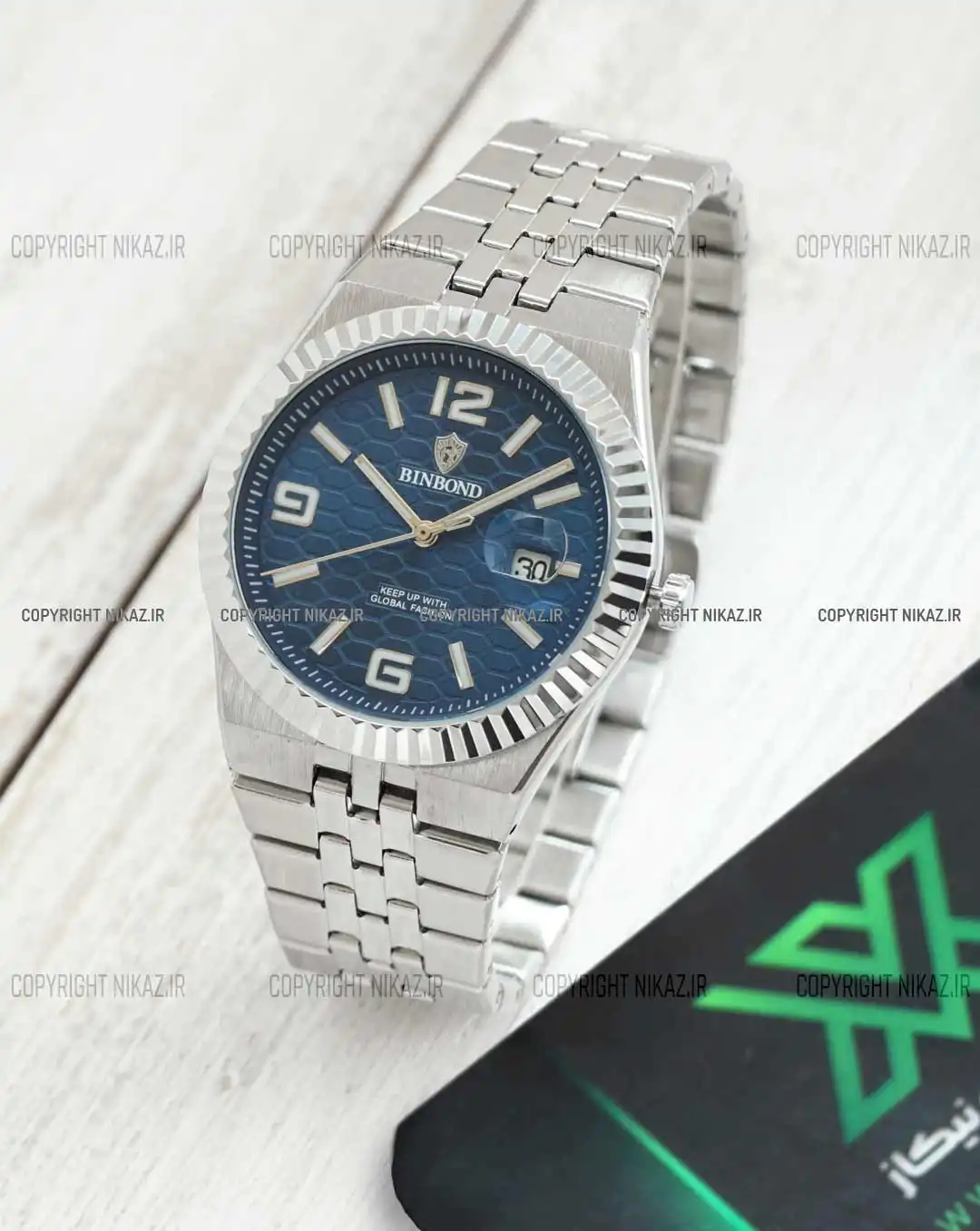 ساعت مچی مردانه بین باند BINBOND مدل B8181-SSB کد 1619 صفحه آبی و بند استیل نقره ای رنگ ثابت و قفل پروانه ای اورجینال