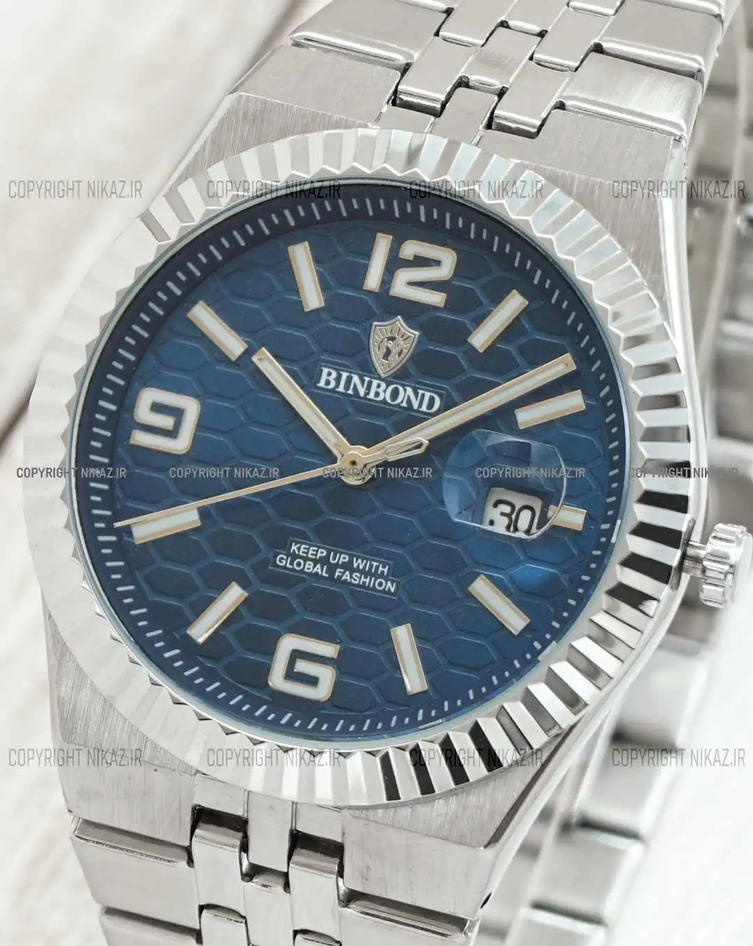ساعت مچی مردانه بین باند BINBOND مدل B8181-SSB کد 1619 صفحه آبی و بند استیل نقره ای رنگ ثابت و قفل پروانه ای اورجینال