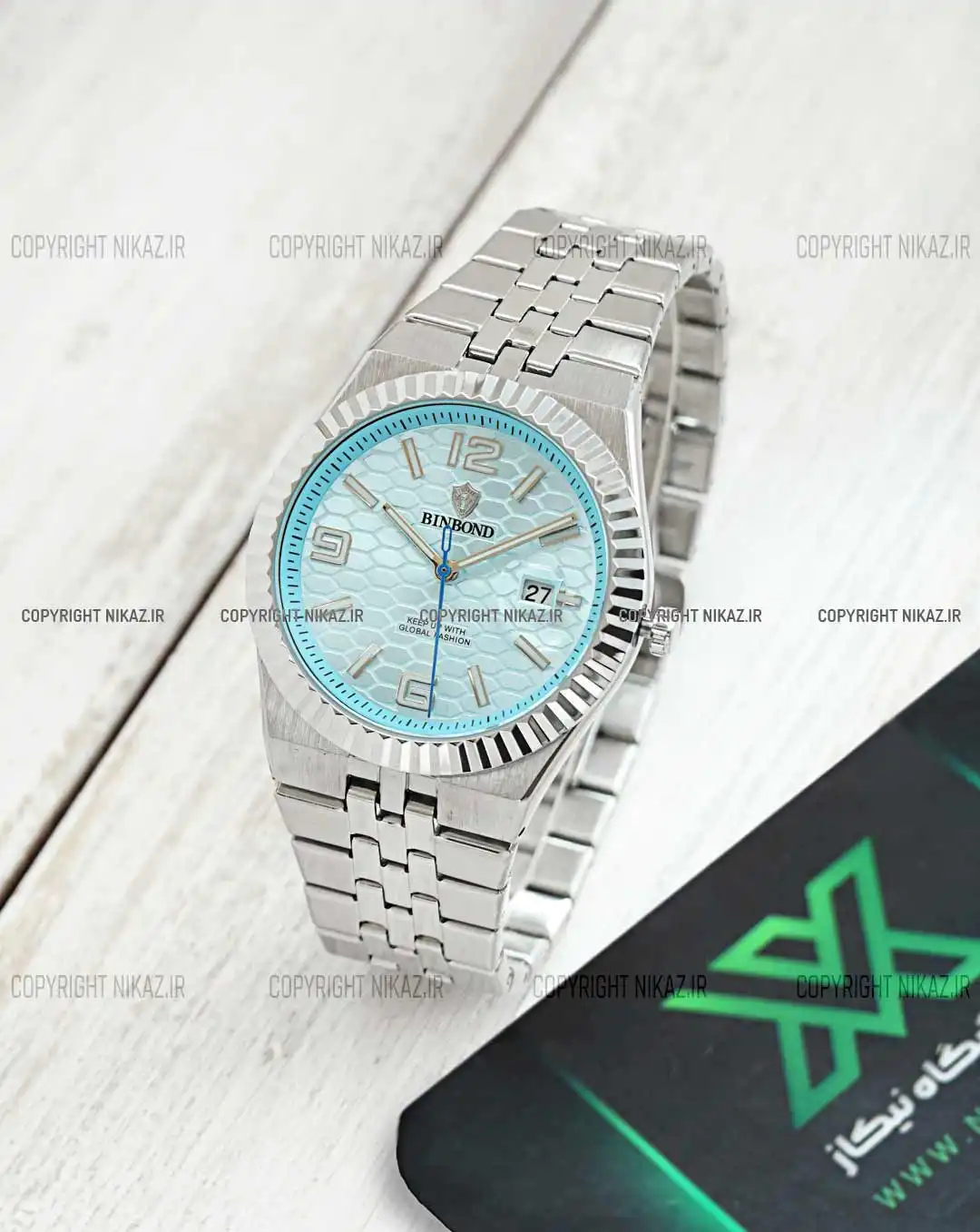 ساعت مچی مردانه بین باند BINBOND مدل B8181-SST کد 1621 صفحه تیفانی و بند استیل نقره ای رنگ ثابت و قفل پروانه ای اورجینال