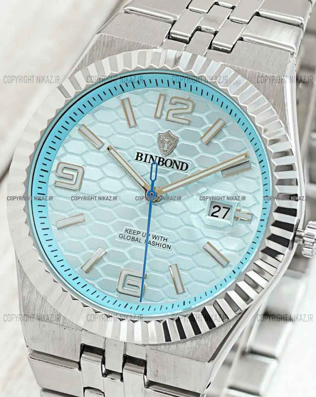 ساعت مچی مردانه بین باند BINBOND مدل B8181-SST کد 1621 صفحه تیفانی و بند استیل نقره ای رنگ ثابت و قفل پروانه ای اورجینال