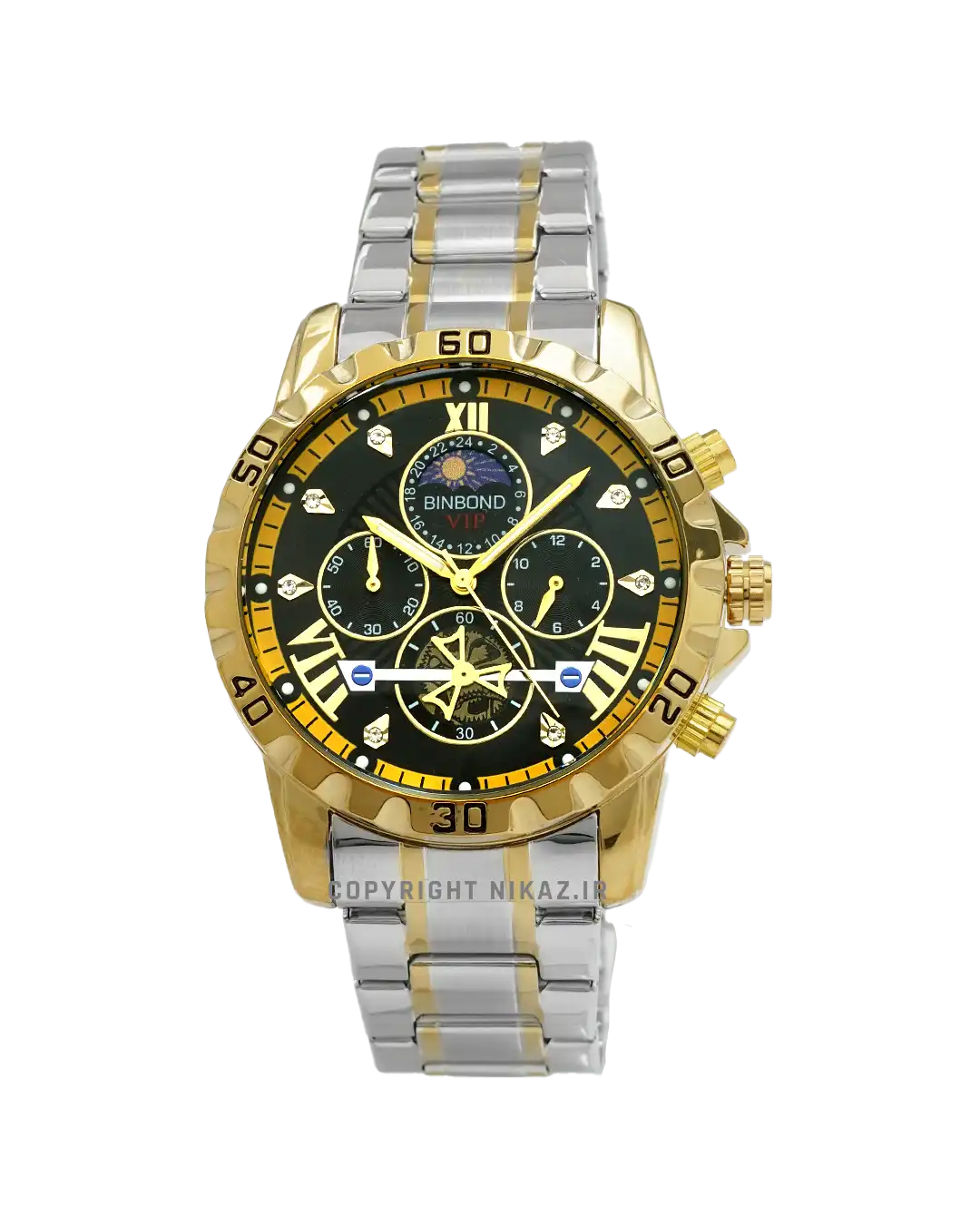 ساعت مچی مردانه بین باند BINBOND مدل B3103 کد 1697 SGB صفحه مشکی و بند استیل نقره ای طلایی رنگ ثابت و سه موتور فعال کرنوگراف و قفل پروانه ای