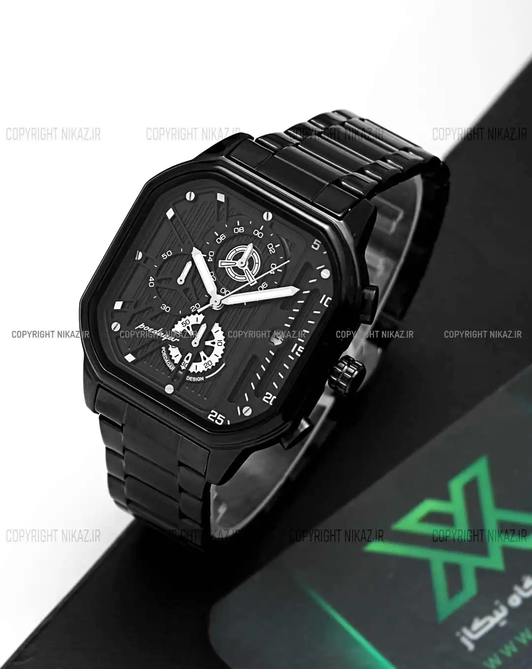 ساعت مچی مردانه پوداگار POEDAGAR مدل 628 کد 1719 رنگ مشکی و بند استیل مشکی و سه موتور فعال کرنوگراف صفحه مربعی،ضد آب رنگ ثابت