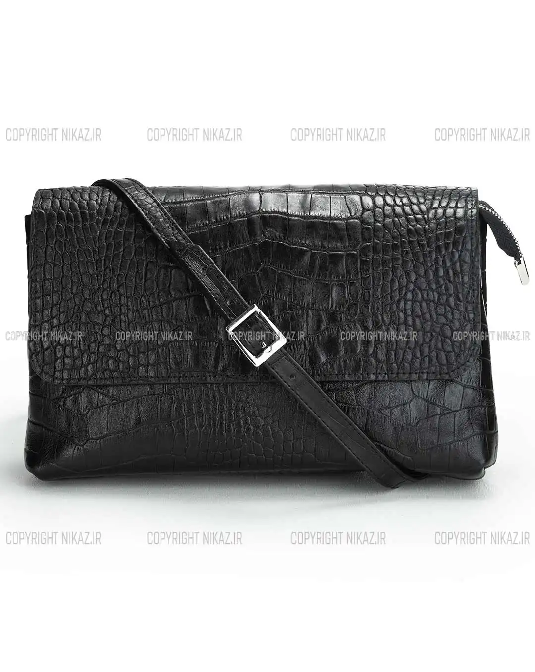کیف دوشی زنانه چرم طبیعی مدل پردیس کد 1563 رنگ مشکی و جنس چرم کرکودیل اصل و بسیار جادار، همراه با بند رودوشی بلند قابل تنظیم