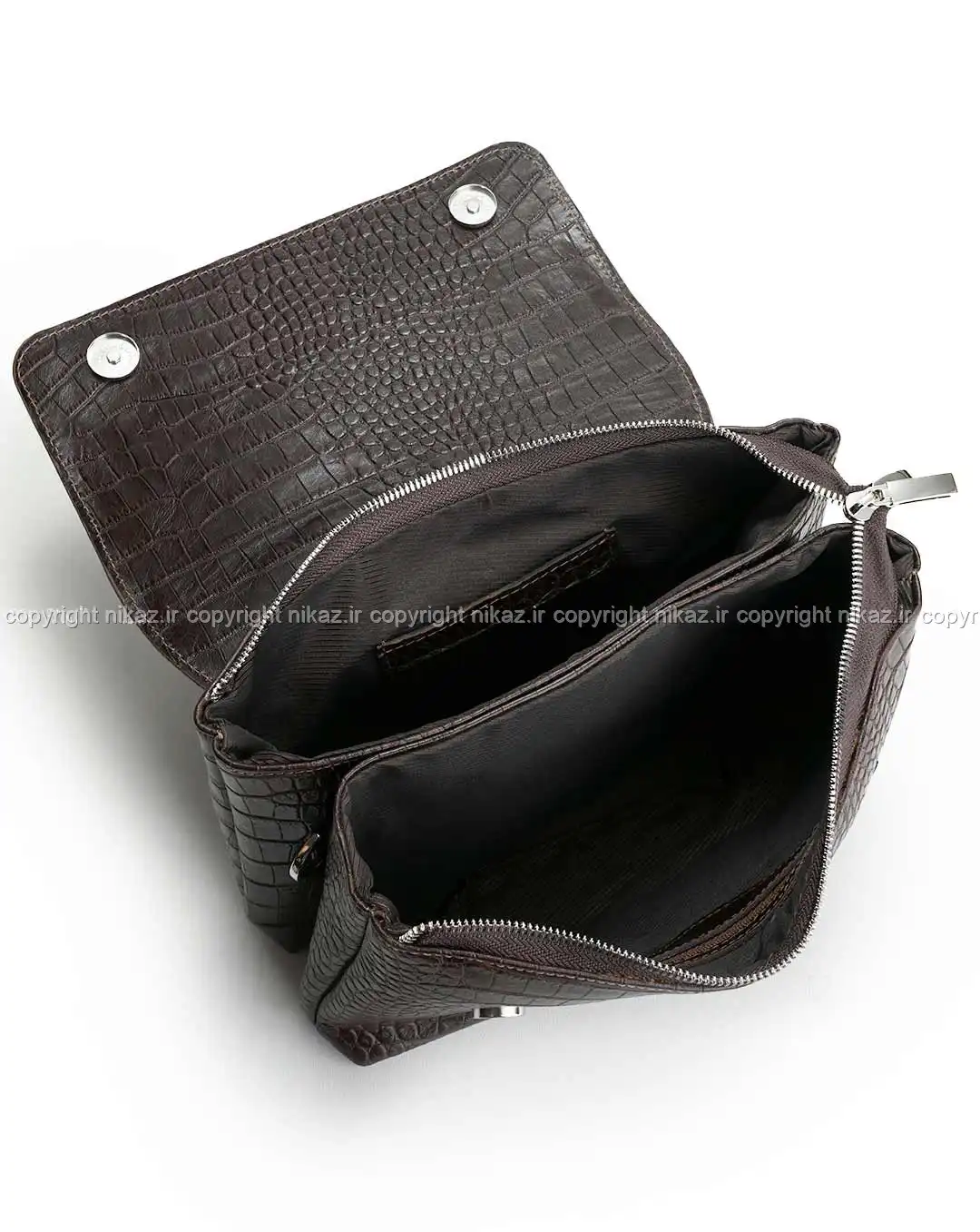 کیف دوشی زنانه چرم طبیعی مدل پردیس کد 1564 رنگ قهوه ای و جنس چرم کرکودیل اصل و بسیار جادار، همراه با بند رودوشی بلند قابل تنظیم