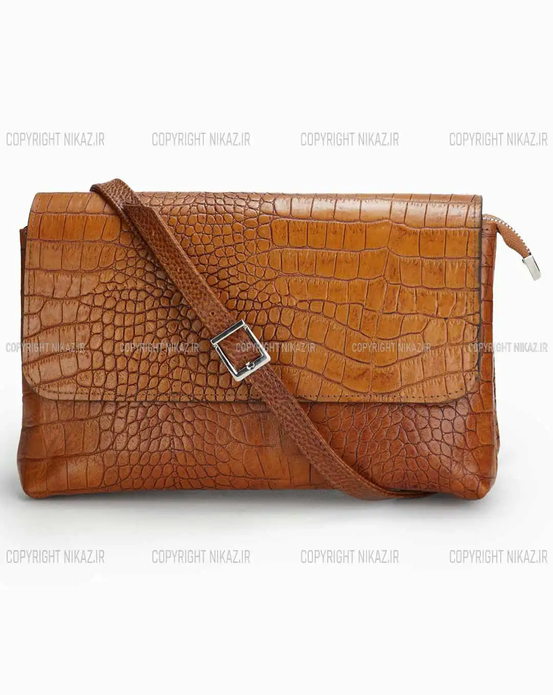 کیف دوشی زنانه چرم طبیعی مدل پردیس کد 1565 رنگ عسلی و جنس چرم کرکودیل اصل و بسیار جادار، همراه با بند رودوشی قابل تنظیم