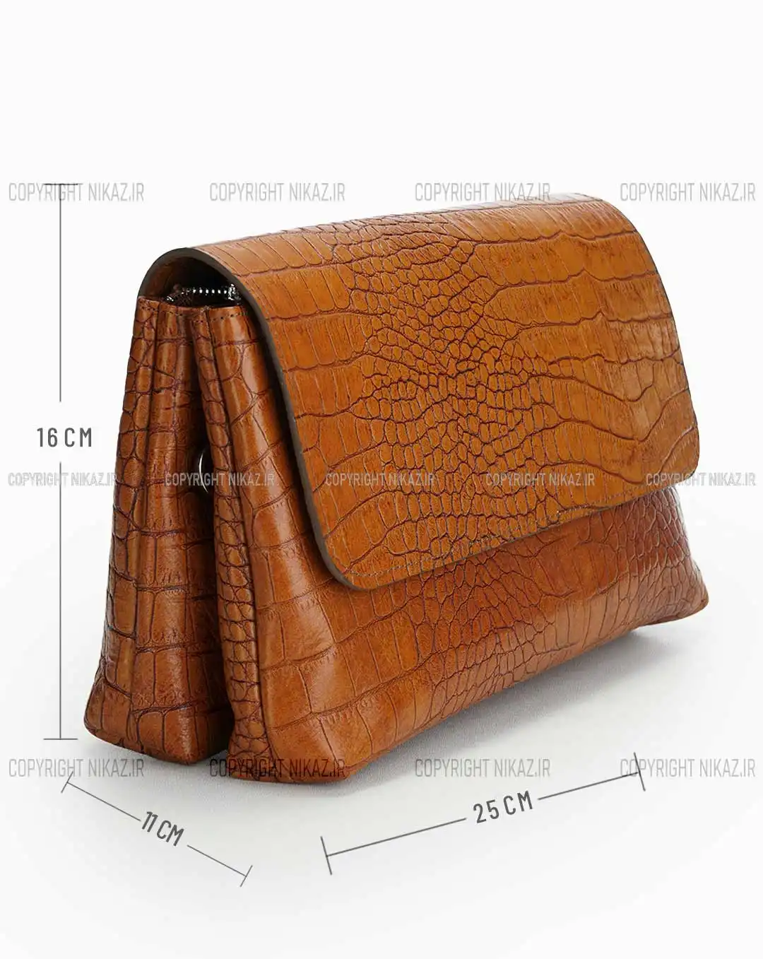 کیف دوشی زنانه چرم طبیعی مدل پردیس کد 1565 رنگ عسلی و جنس چرم کرکودیل اصل و بسیار جادار، همراه با بند رودوشی قابل تنظیم