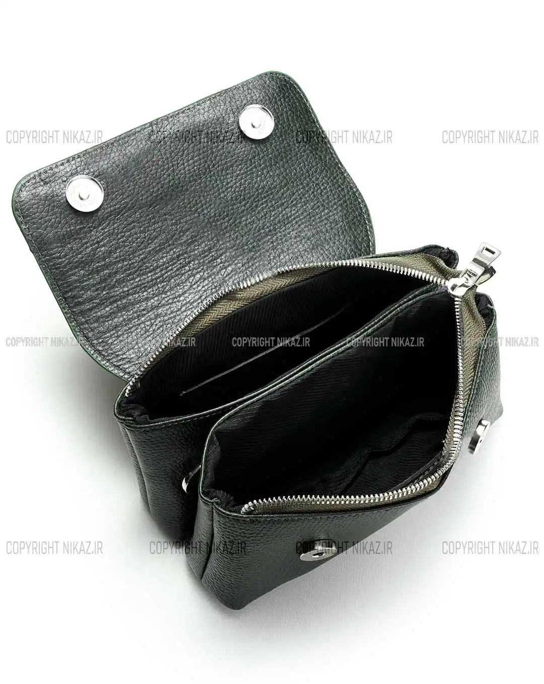 کیف دوشی زنانه چرم طبیعی مدل بهسا کد 1569 رنگ سبز و جنس چرم فلوتر گاوی و دارای بند بلند رودوشی قابل تنظیم