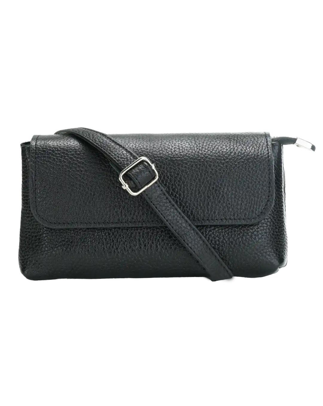 کیف دوشی زنانه چرم طبیعی مدل بهسا کد 1570 رنگ مشکی و جنس چرم فلوتر گاوی و دارای بند بلند رودوشی قابل تنظیم و دارای محفظه زیاد