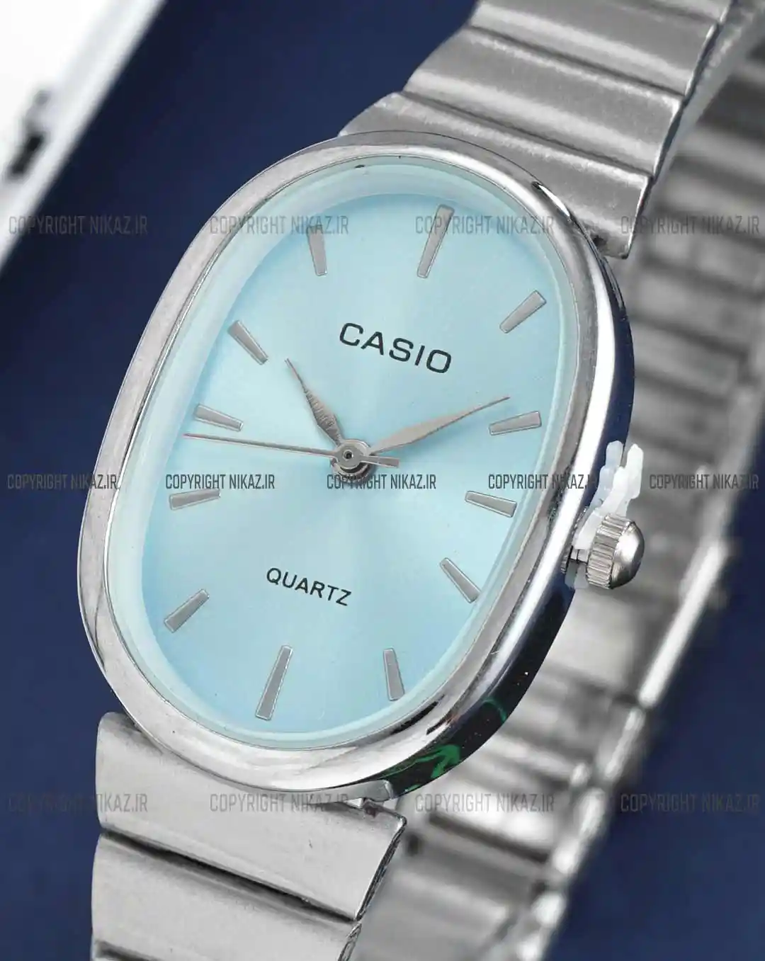 خرید ساعت مچی زنانه کاسیو CASIO کد 1178 صفحه لوزی رنگ آبی و بند ریلی نقره ای رنگ ثابت و موتور شرکتی اصلی به همراه گارانتی و ارسال رایگان | نیکاز