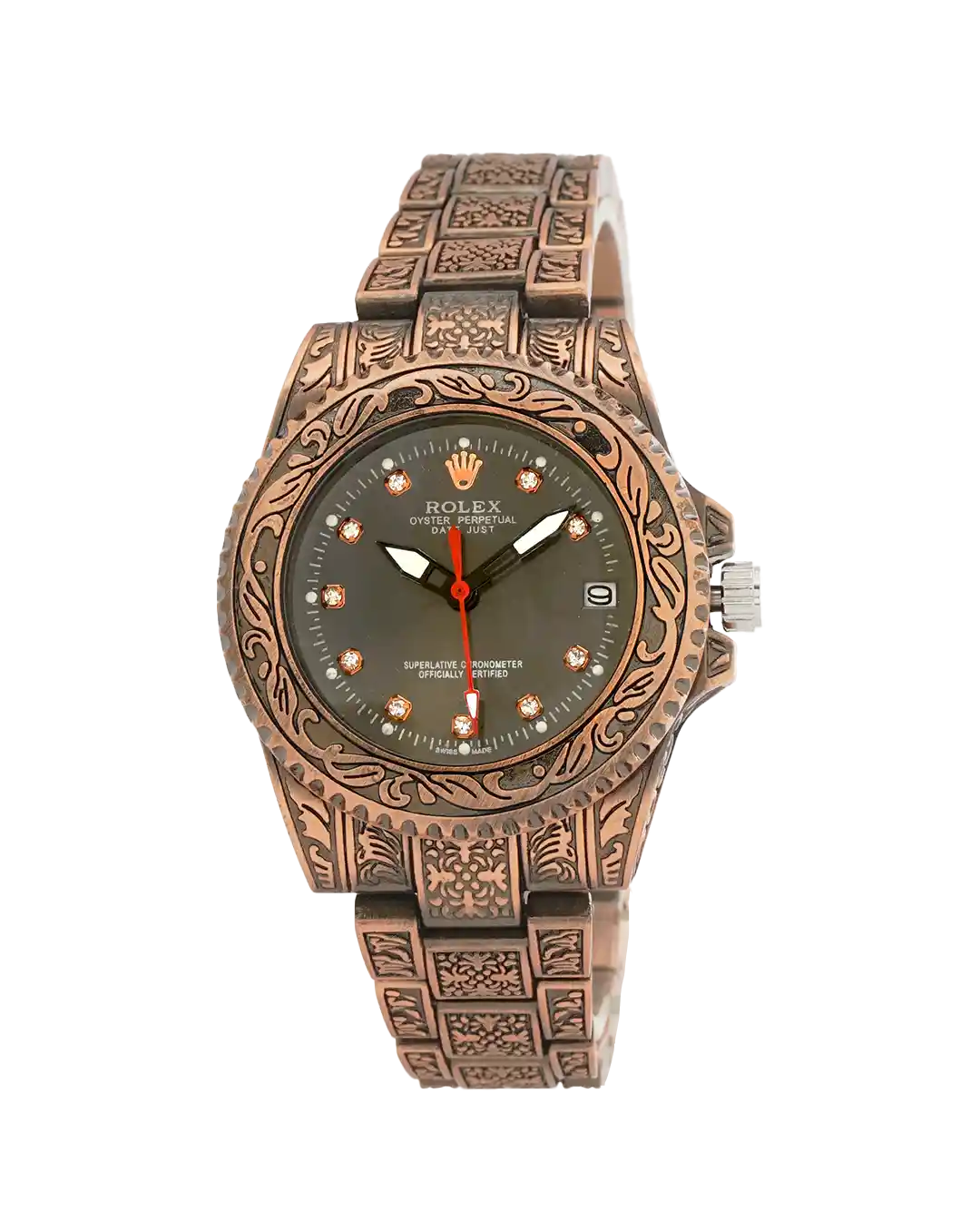 خرید ساعت مچی زنانه رولکس ROLEX مدل حکاکی کد 1259 بند استیل رزگلد و حکاکی شده و صفحه مشکی رنگ ثابت مدل دیت جاست